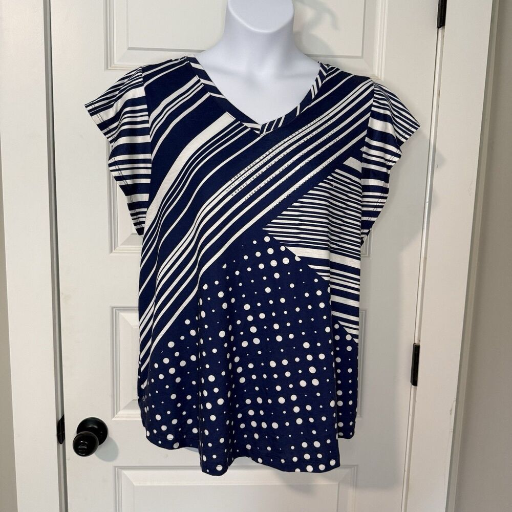 C J Banks Top navy and white stripes and polka dots Silver Embellishment Size1X